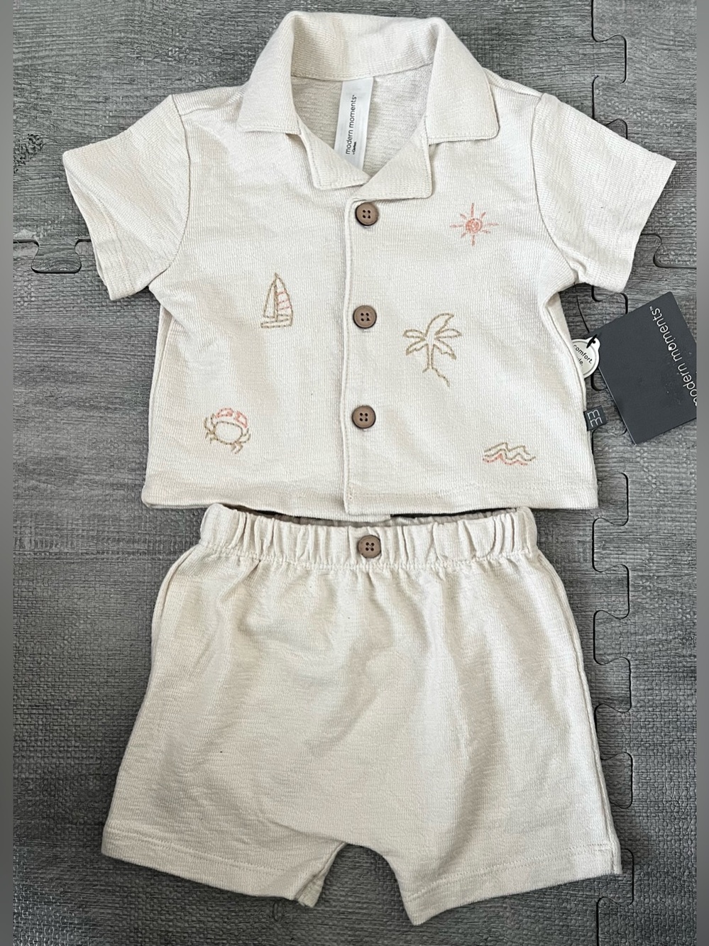 Modern Moments by Gerber 9-12M 2pc Ivory Button Shirt + Shorts Set Cotton
